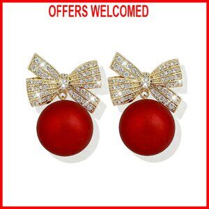 Rhinestone Pearl Bow Drop Earrings Holiday Jewelry Clip On